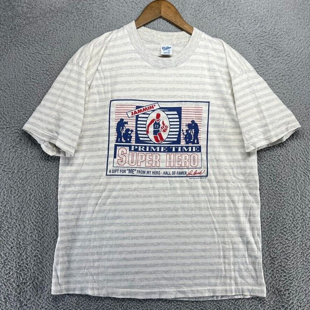 Vintage Lou Brock Shirt Men's Large Gray White Striped Single Stitch USA 90s